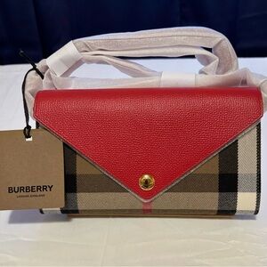 Burberry Hannah Red Leather Plaid Envelope Wallet w/Strap NWT